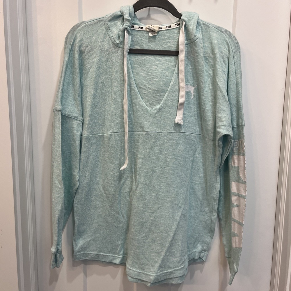Victoria Secret Pink Hoodie Women's Love Pullover Blue Green Size S Lightweight
